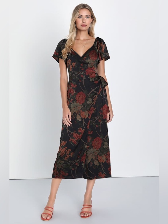 Lulus Dresses & Skirts - Lulus Subtle Elegance Black Floral Print Faux Wrap Midi Dress